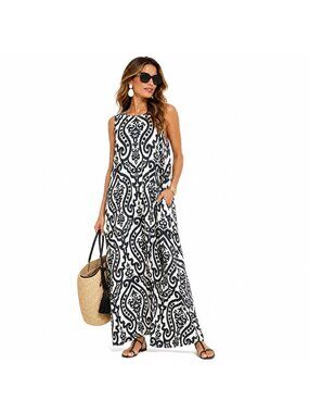 Black White Sleeveless Maxi Dress Ornate Paisley Abstract Womens XL Boho Resort